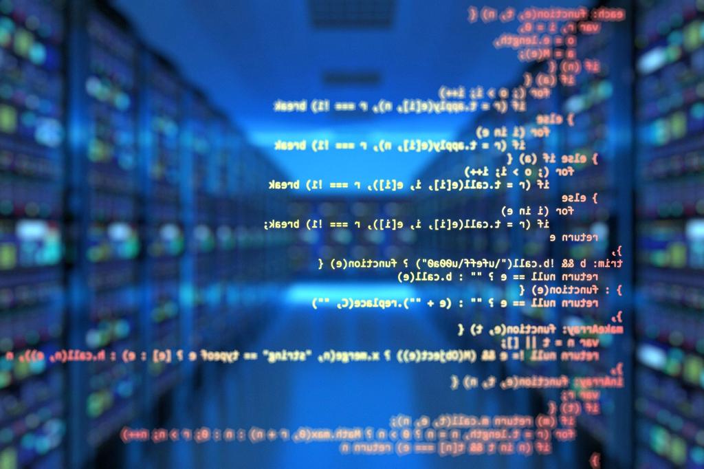 Modern data center with glowing server racks and fiber optic connections